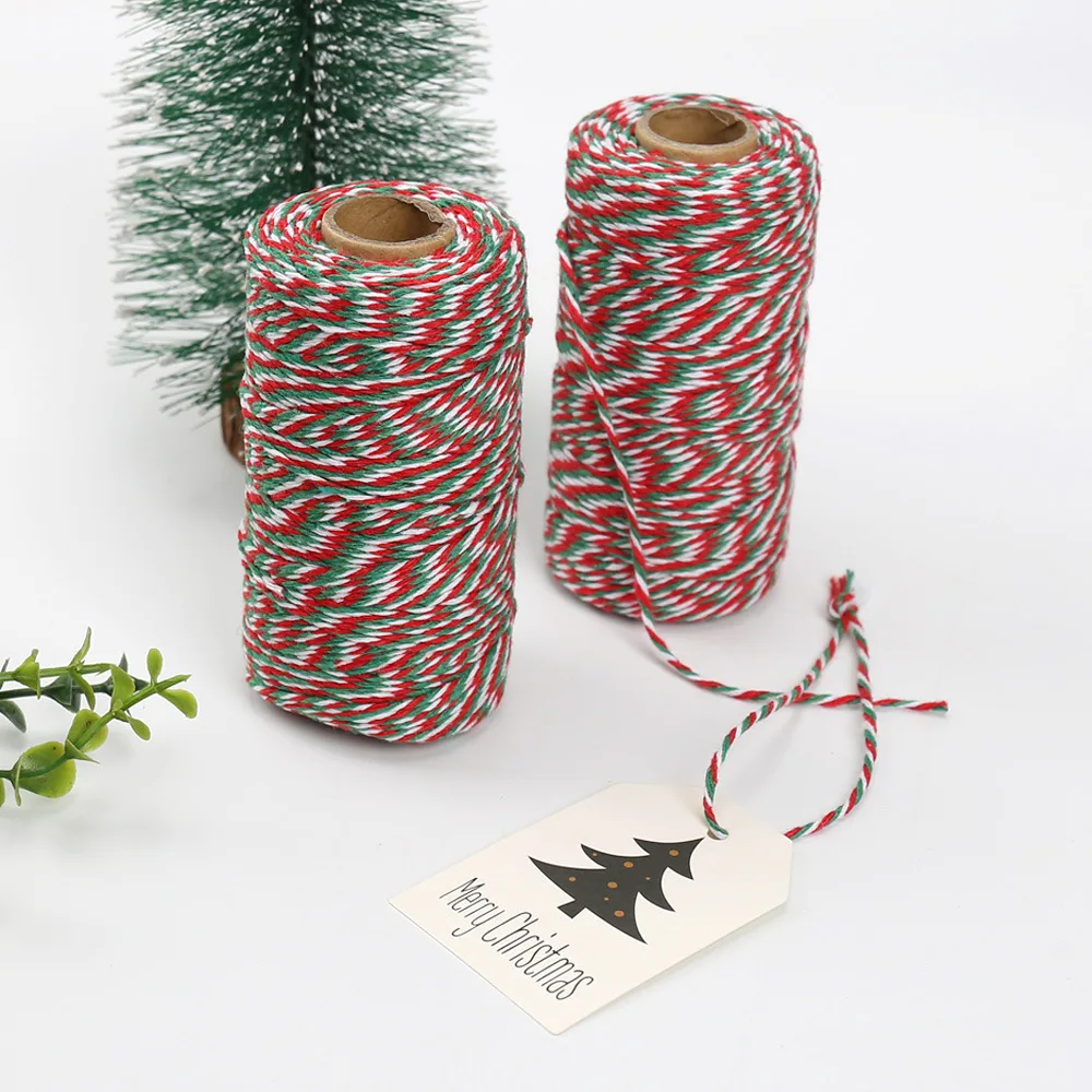 100m X 2mm Cotton Cords Red Green White Mixed Color Hang Tag String Rope Twine Thread DIY Gift Wrap Ribbon Christmas Decoration