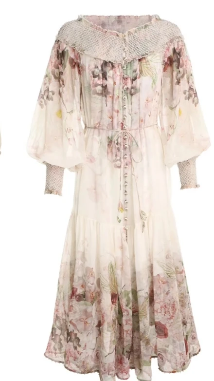 

Женское шелковое платье средней длины, свободное платье с цветным цветочным принтом и рукавами-фонариками, лето 2022