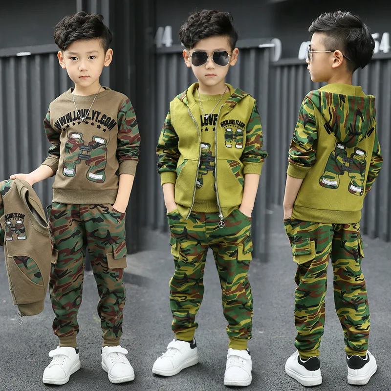 

2022 Boys camouflage clothing set 3pcs for big kids Hooded Jacket T-shirt pant Children clothes suit 3 5 6 7 8 9 10 11 12 years