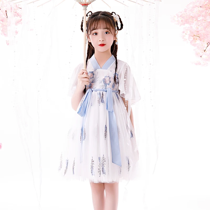 

Summer Small Fresh, Elegant Childen Hanfu and Playful Fairy Blue and White Porcelain Green Female Student Fairy Waist Skirt cute