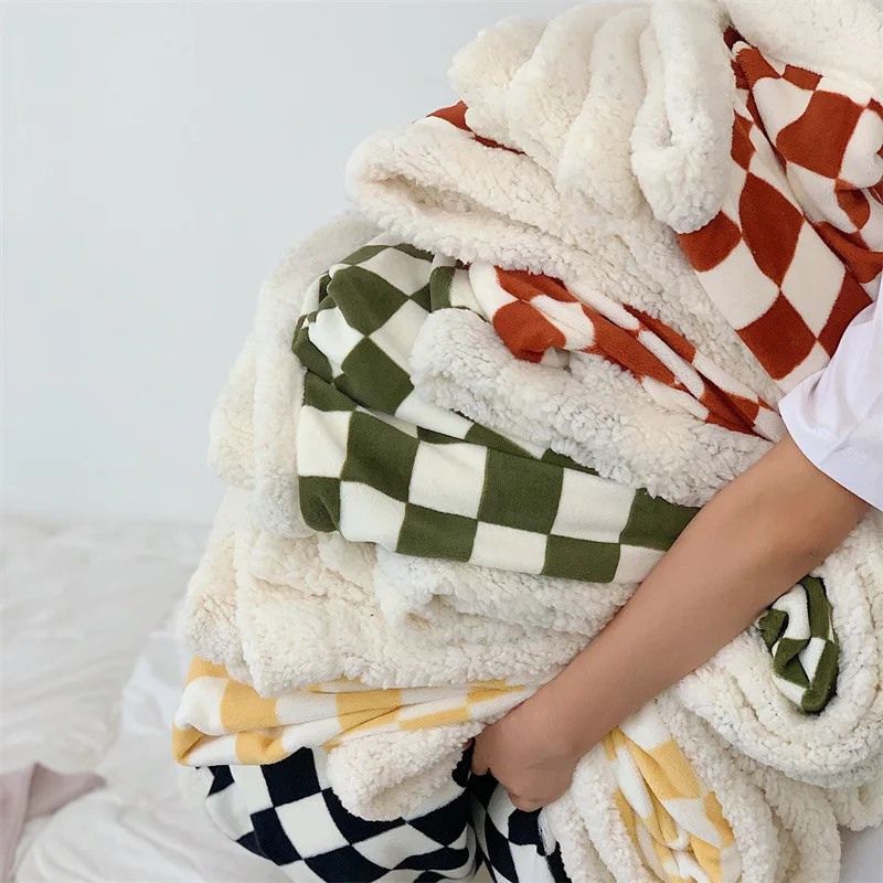 

Winter Thick Warm Fleece Blanket Checkerboard Plaid Soft Plush Throw Blankets for Sofa Chair Nap Adult Bed Cover Quilt Bedspread