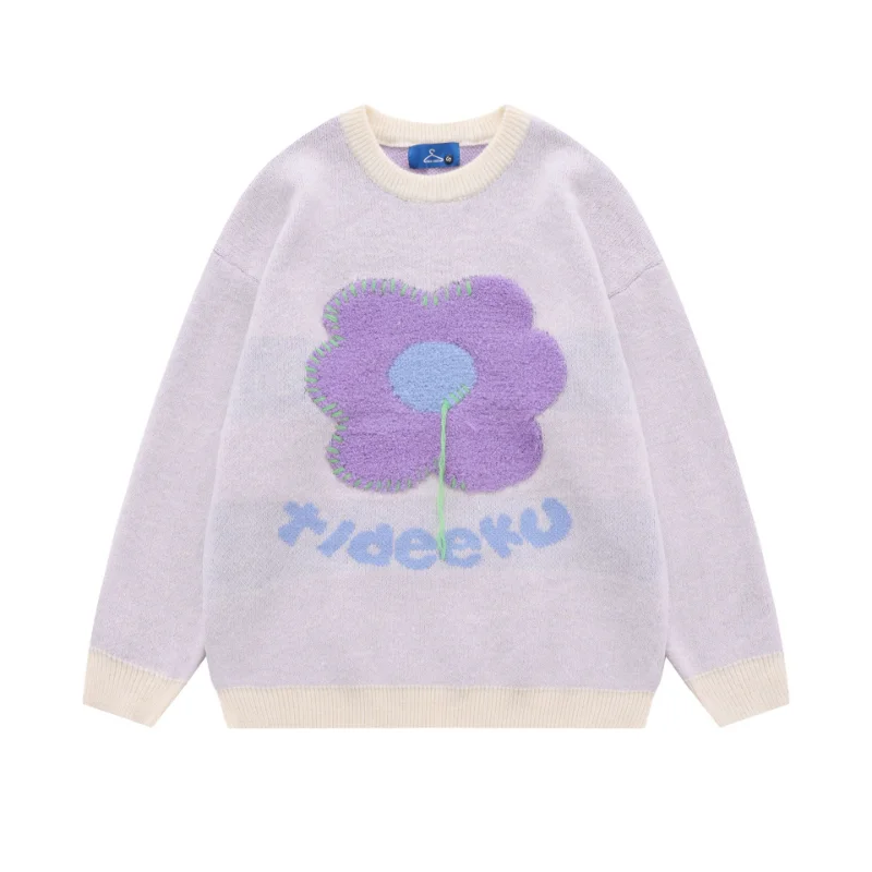 

Japanese Vintage Flower Print Sweater Men's Fashion Casual Loose Round Neck Sweater Couple Street Harajuku Comfortable Pullover