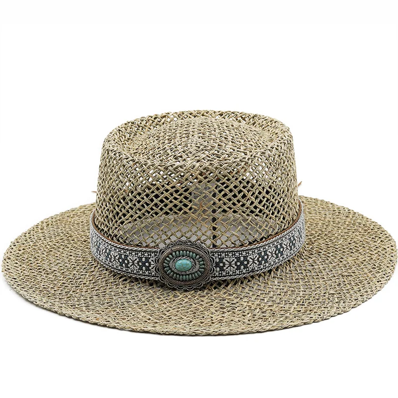 

New Handmade Salty grass Girl Straw Beach Hat For Women Summer hat Panama Cap Fashion Concave Flat Sun Protection Visor Hats