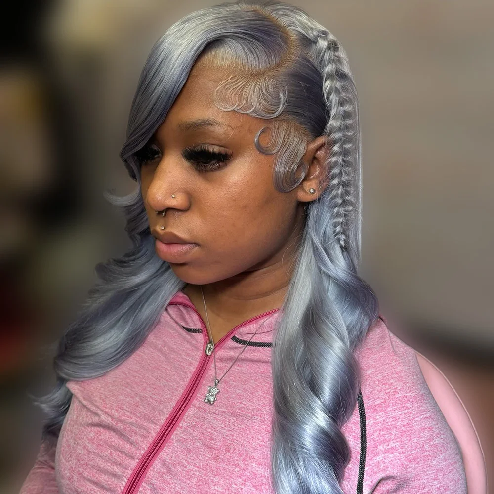 Серебристо-голубые свободные волнистые на сетке спереди прозрачные 13x4 13X 6