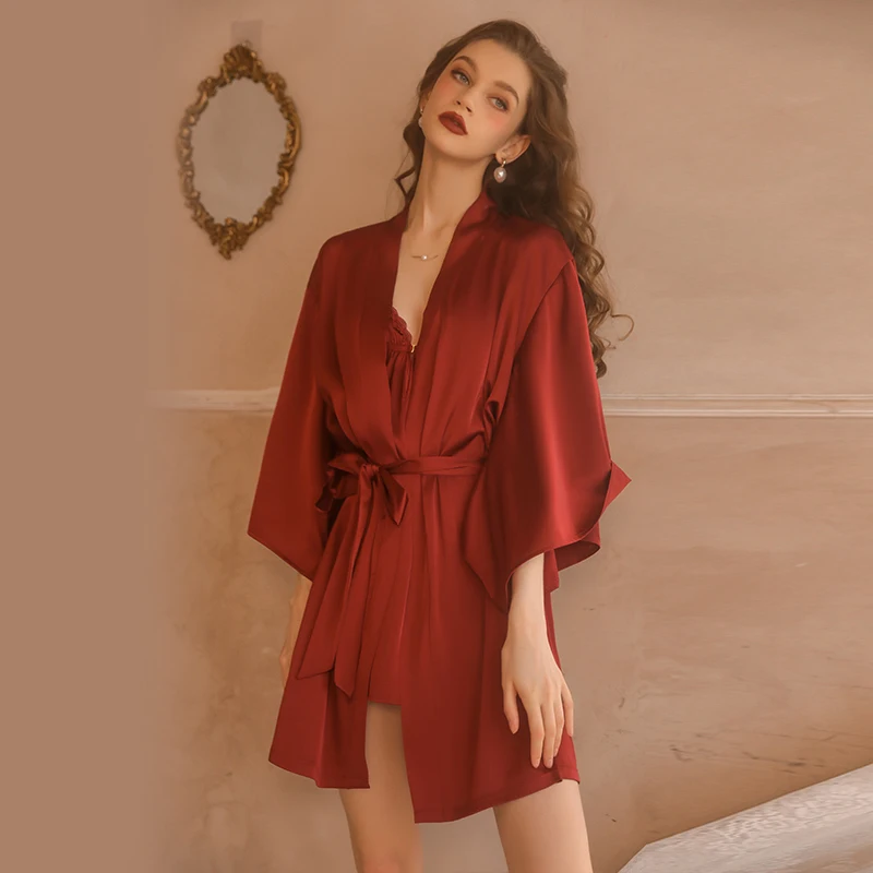 

Tonlinker Sexy Satin Women Long Robe Pajamas Dress Red Luxury Lace Sleepwear Kimono V Neck Night Gown Bathrobe Home Clothes