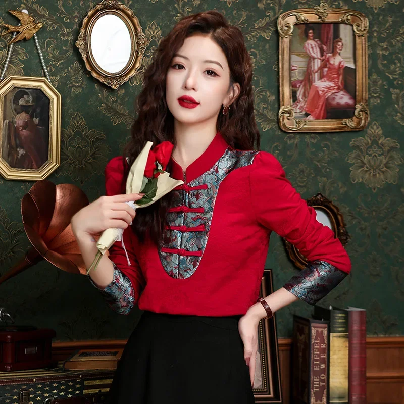 Vintage Stand Collar Women's Shirt New Chinese Style Lacquer Embroidery Jacquard Quilted Vest 2024 Spring Fashion