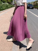 womens chic pleated swing long skirt with liner korean fashion kawaii elastic high waist ol chiffon shirring mermaid skirts k77