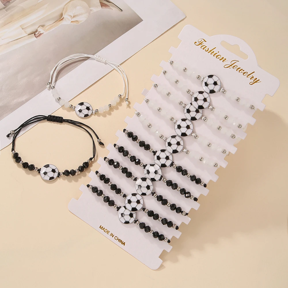 

12pcs/set Black and White Rice Bead Football Braided Rope Bracelet for Women Men Handmade Adjustable Fashion Jewelry Party Gifts