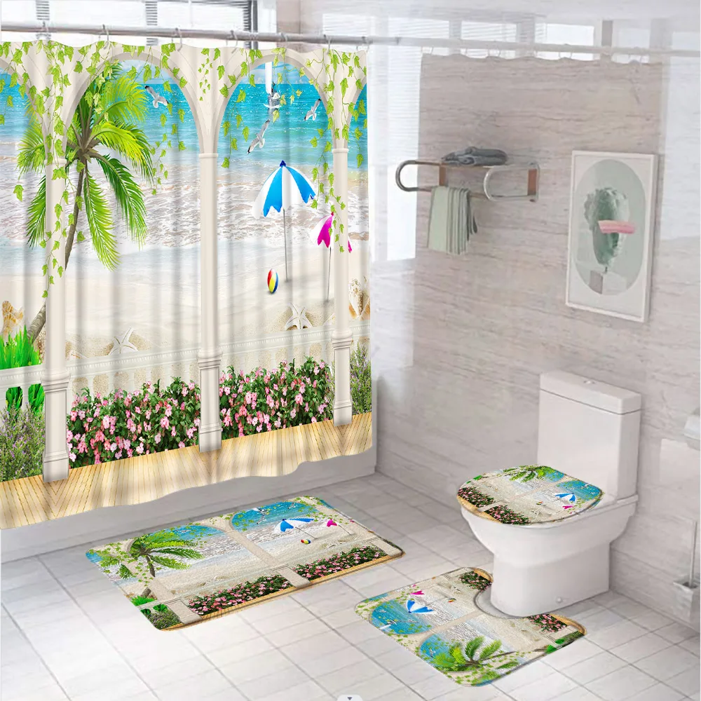 

Ocean Beach Starfish Shower Curtain Set Arch Green Vine Flower Bathroom Curtains Non-Slip Bath Mat Pedestal Rug Lid Toilet Cover