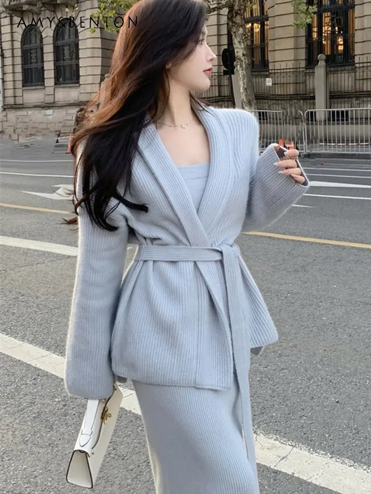Women's Elegant Knitted Top and Skirt Sets Autumn and Winter 2022 New Knitwear Three-Piece Skirt Suit for Ladies Fashion