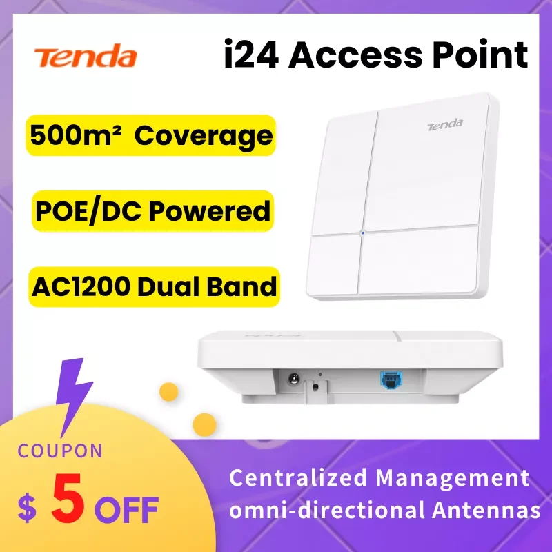 Tenda Gigabit Wireless AP i24 1200 Мбит/с, 2,4 и 5 ГГц, двухдиапазонный маршрутизатор точки доступа, Wi-Fi ретранслятор, охват 3200 кв. футов, PoE, источник постоянно...