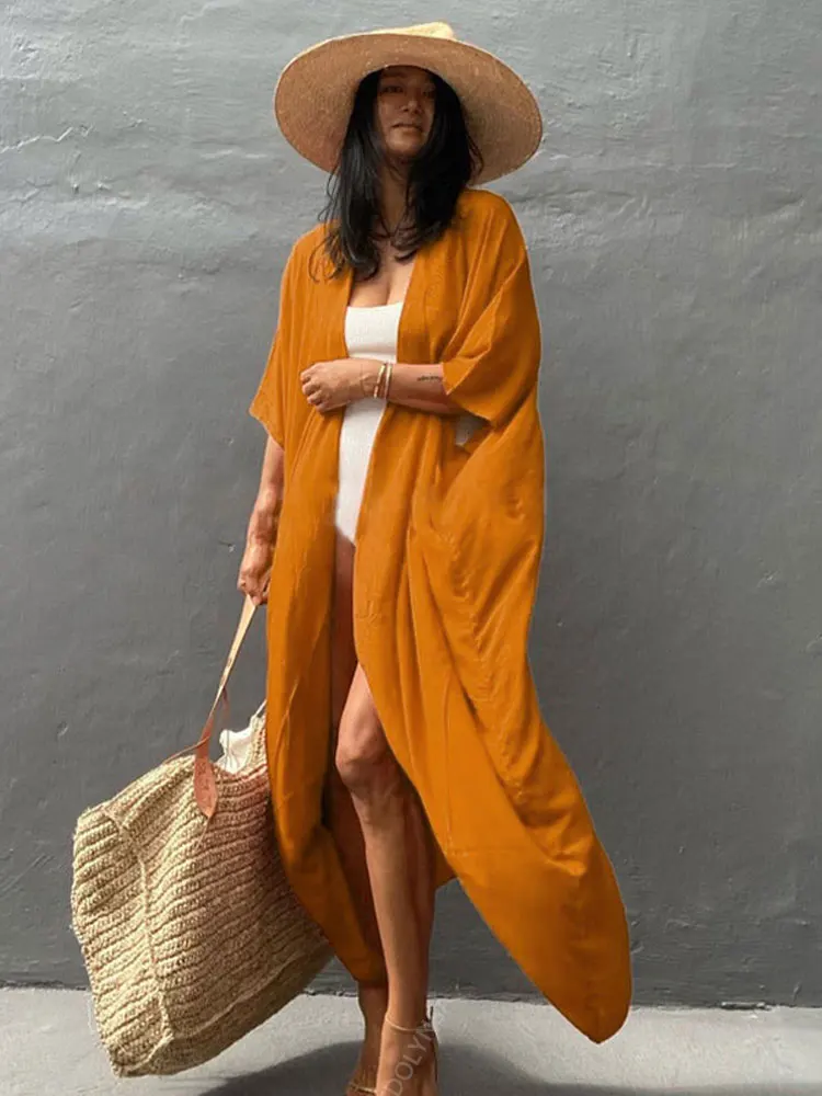

2022 Sexy Solid Retro Purple Long Kimono Self Belted Dress Tunic Women Summer Clothing Plus Size BecahWear Maxi Dresses A1053