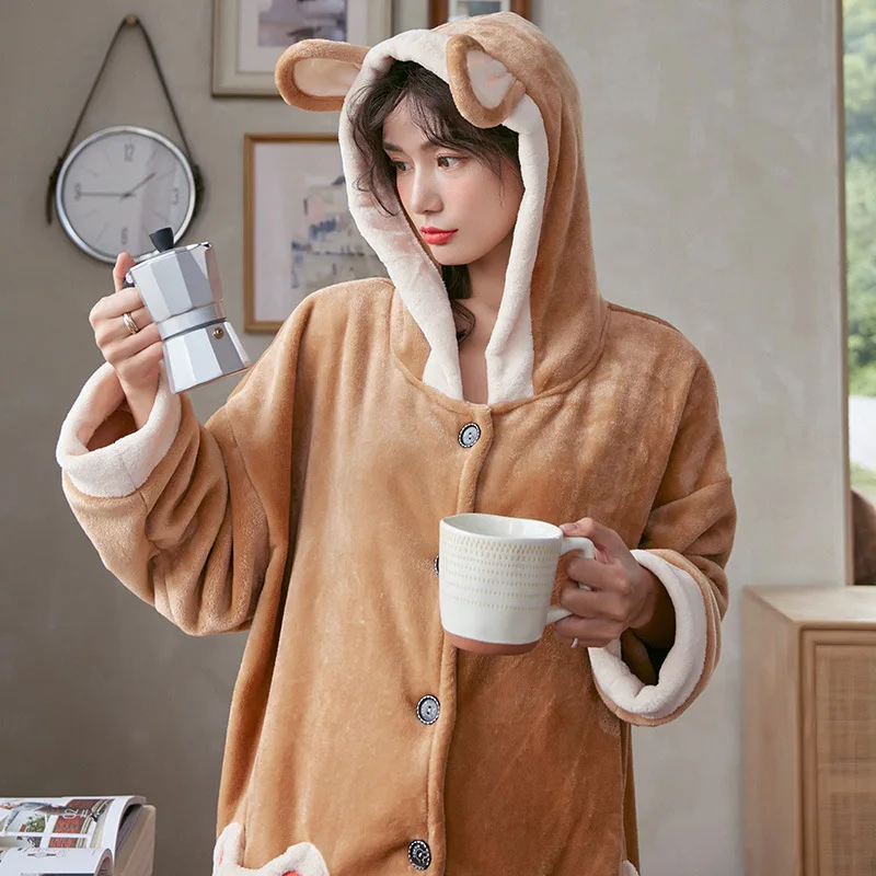 Winter Soft Warm Robes Nightgown Sleepwear Women 2021 Lounge Home Wear Long Sleeve Hooded Flannel Night Dress Coral Velvet Robes