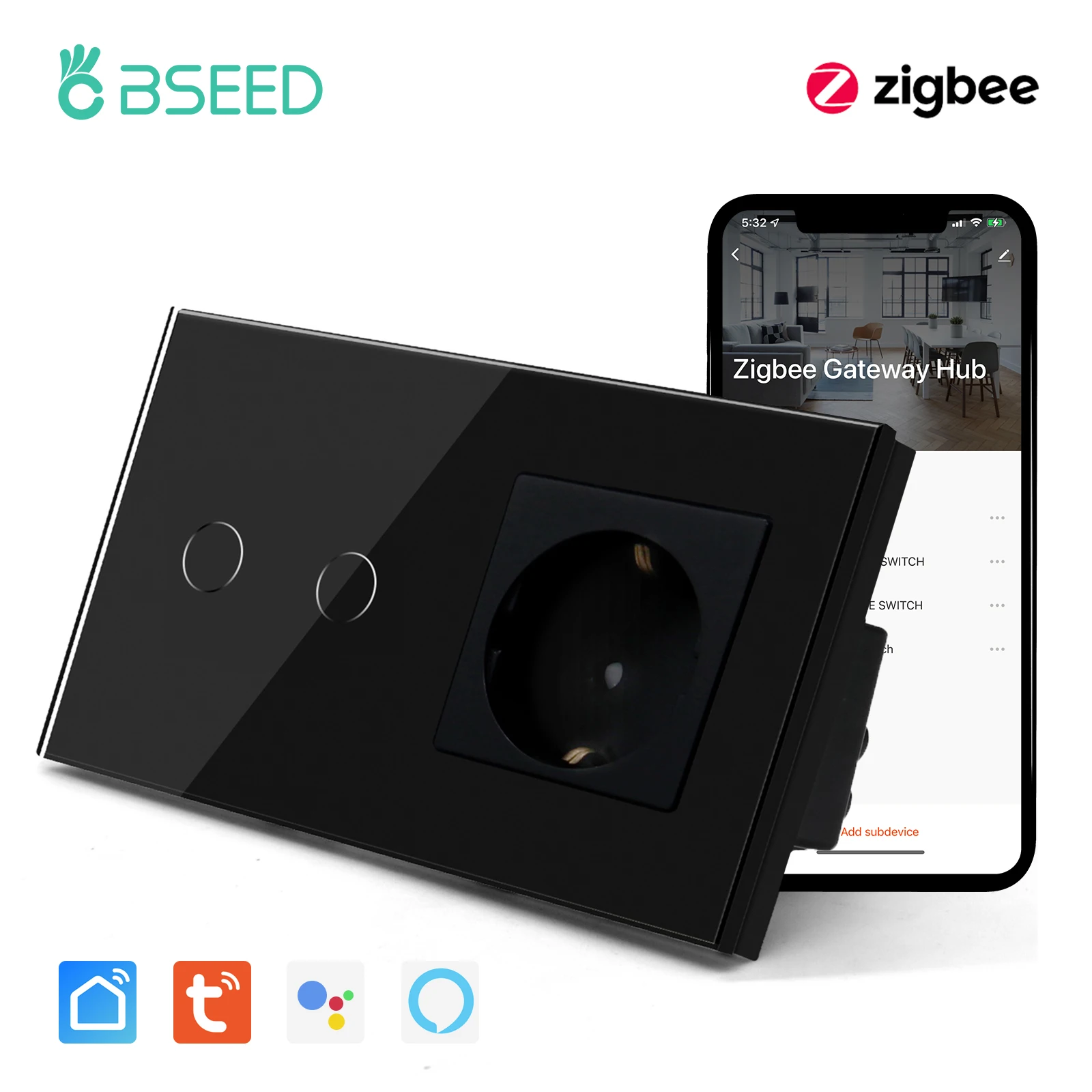 

Настенный сенсорный выключатель BSEED Zigbee, Беспроводной Выключатель с 1/2/3 клавишами, умная розетка стандарта ЕС с поддержкой Google Alexa, требует ш...