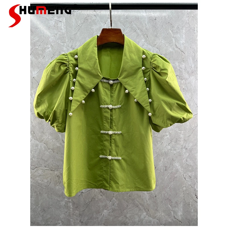 

Shirt for Women Heavy Industry Beads 2022 Summer New French Style Tops Temperament Puff Sleeve Short Sleeve Fashion Blouse