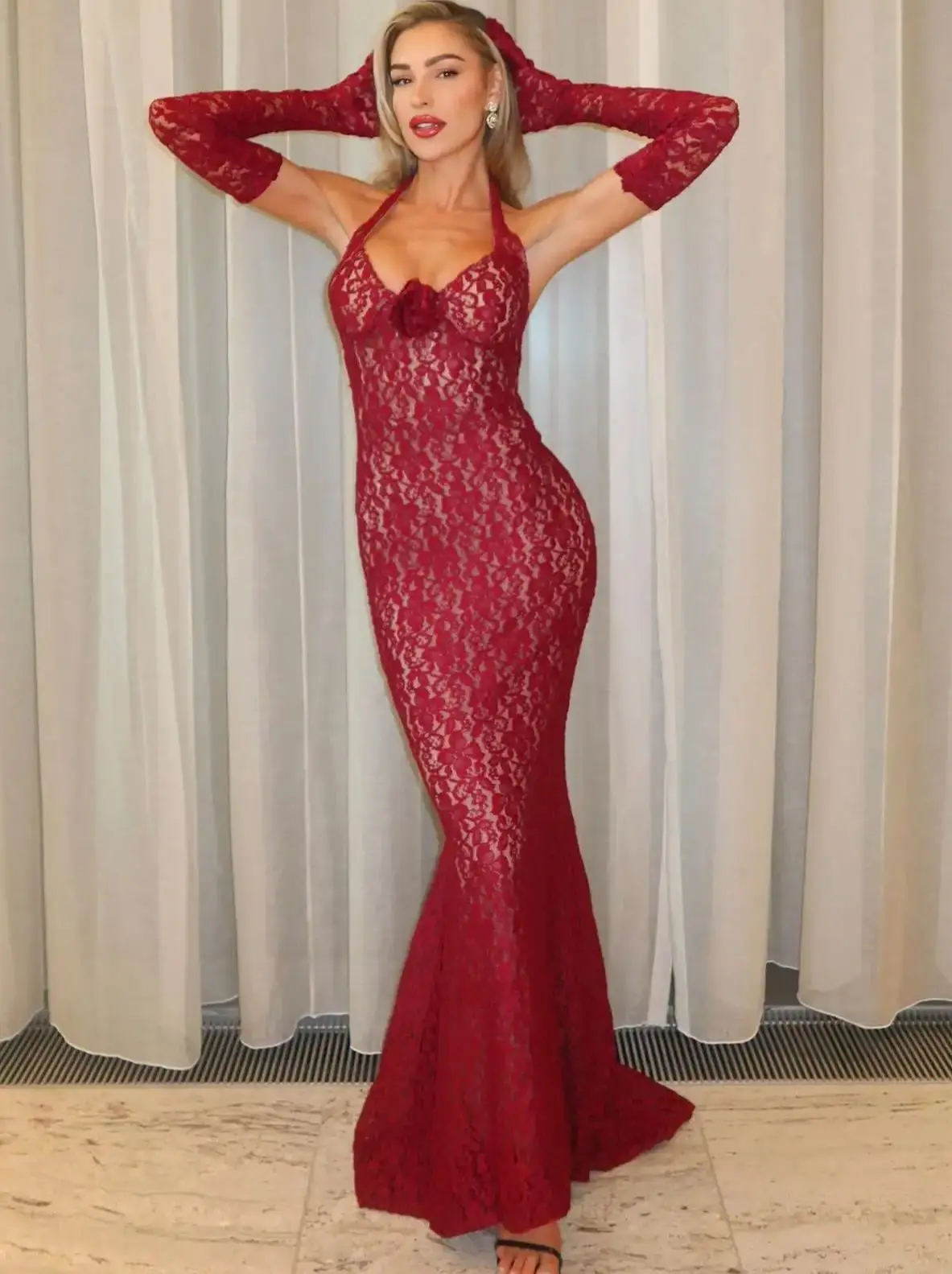 Женское сексуальное кружевное длинное платье с открытой спиной и цветочным