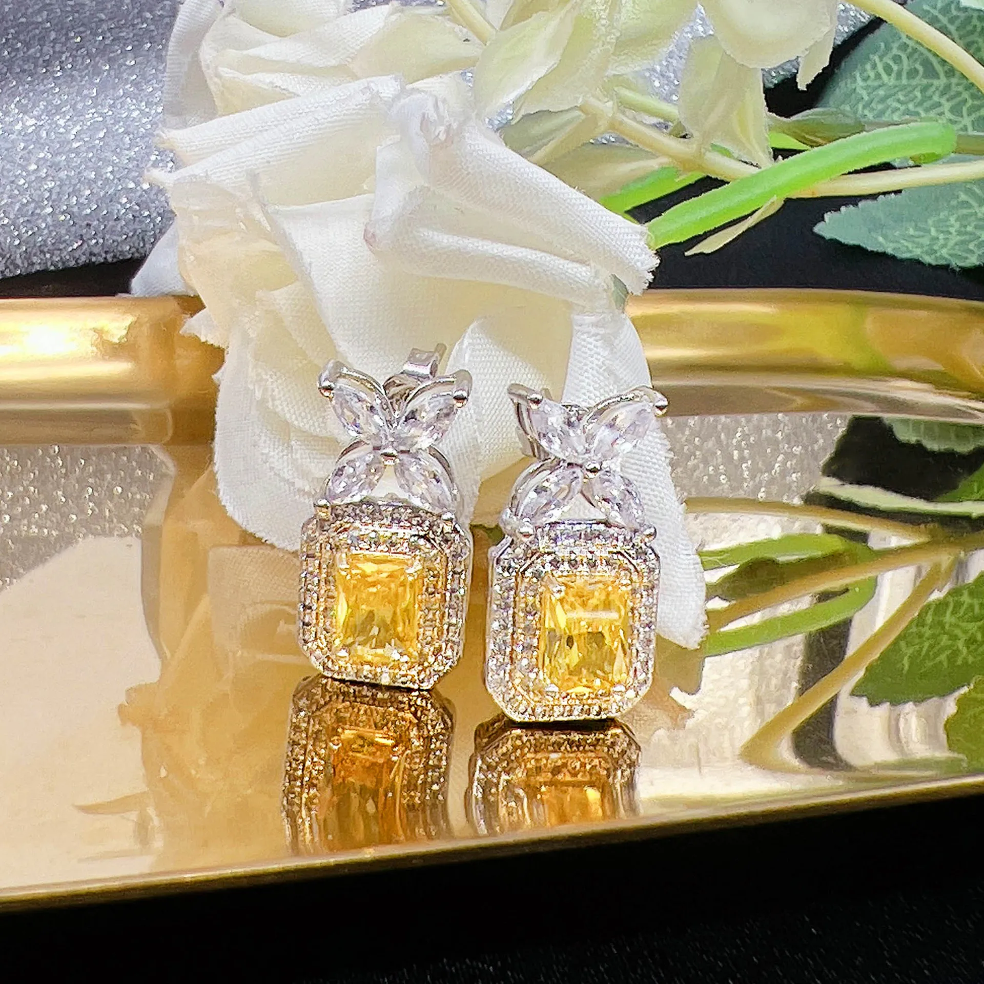 

Yellow Diamond Butterfly Silver Earrings For Women Designer Luxury Aesthetic Vintage Ear Studs Crystal Korean Style