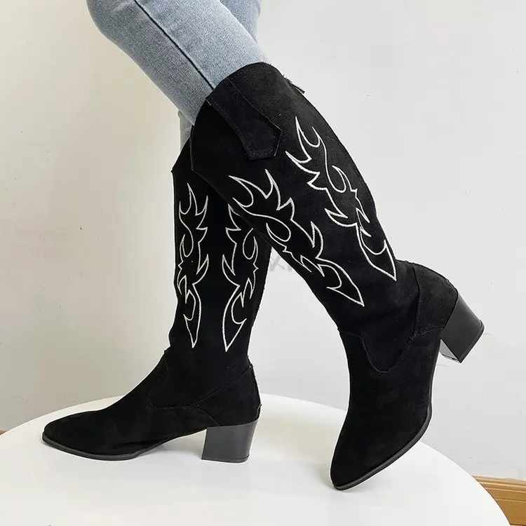 

2022 Women Western Cowboy Boots Pointed Women's Shoes Printing Mid Calf Boots Winter Chunky Heel Wedges Knight Botas Feminina