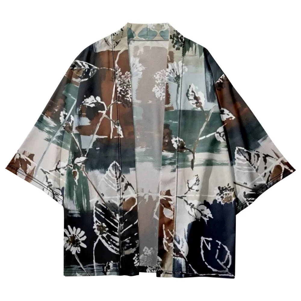 

Casual Looser Leaves Floral Tie Dye Printed Kimono Beach Shorts Men Women Cardigan Japanese Yukata Clothing Harajuku Haori