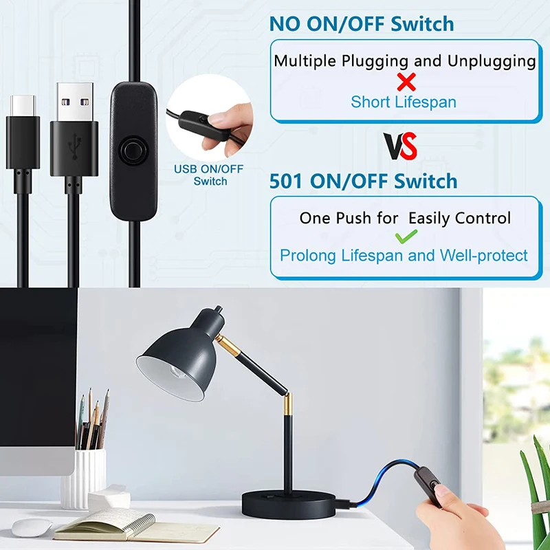 Фото USB-Type C кабель переключателя постоянного тока 5 В, 2 А, удлинитель питания, провод питания, белая, черная, стандартная линия переключения кнопок для вентилятора лампы №3