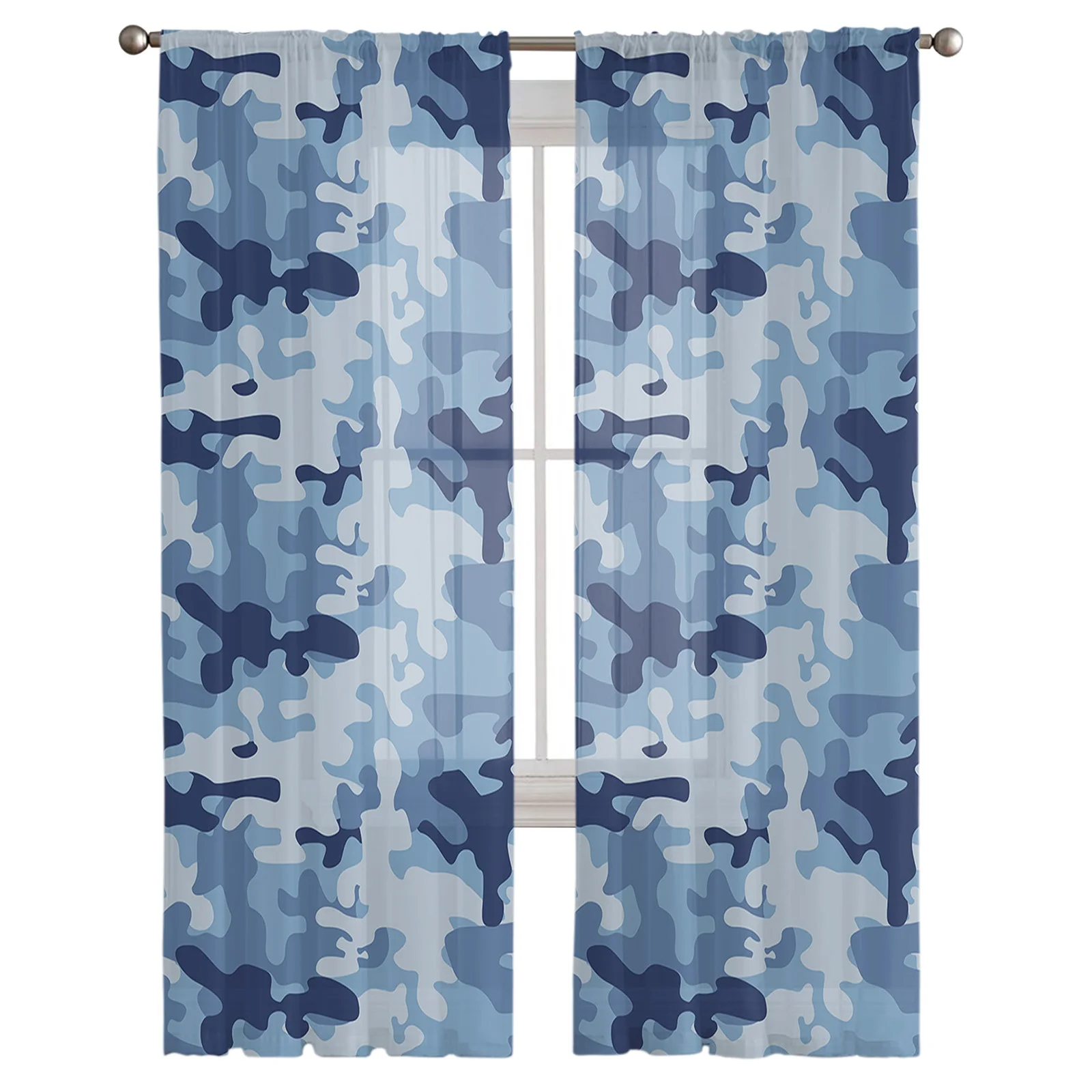 Тюлевые прозрачные шторы в стиле милитари синего цвета с камуфляжным рисунком