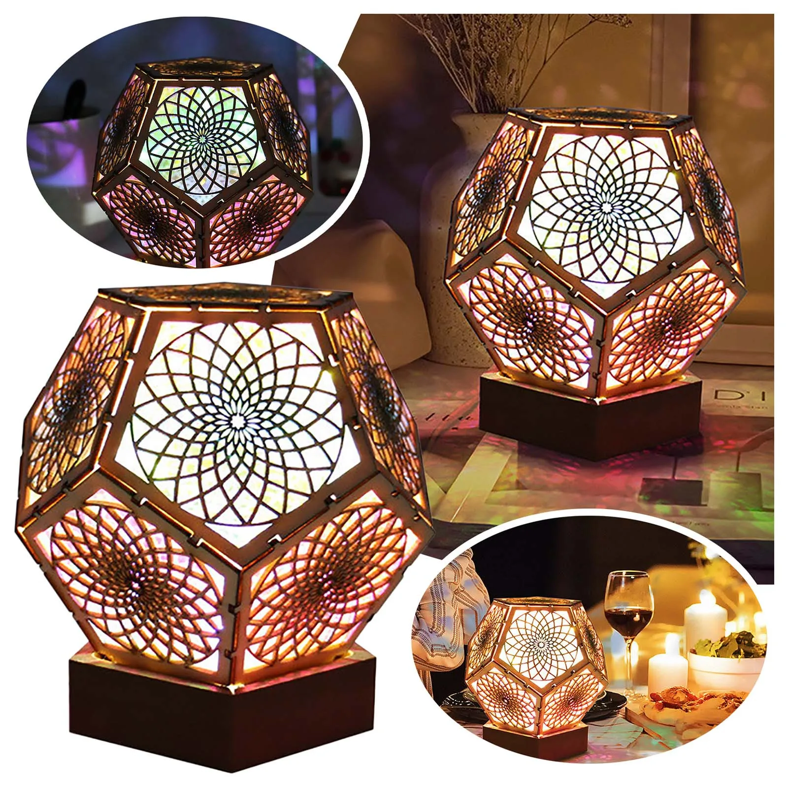 

Wooden Hollow LED Projection Night Lamp Bohemian Colorful Projector Desk Lamp Household Home Decor Holiday Atmosphere Lighting