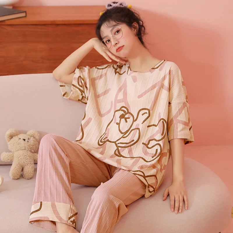 New Style Pajamas Women's Summer Short Sleeved Trousers Pure Cotton  Cartoon Cute Girl Loose Large Home Clothes Suit