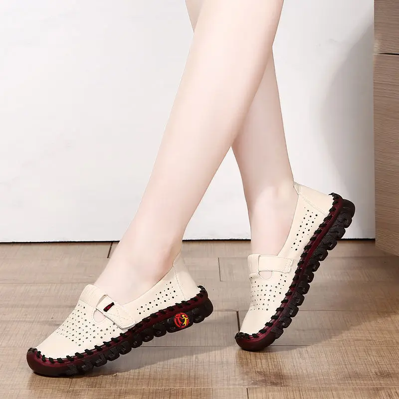 2023 New Summer Hollow Flats Woman Comfy Lug Sole Leather Moccasins Women's Orthopedic Loafers Nurse Flat Work Shoes Mom Loafers