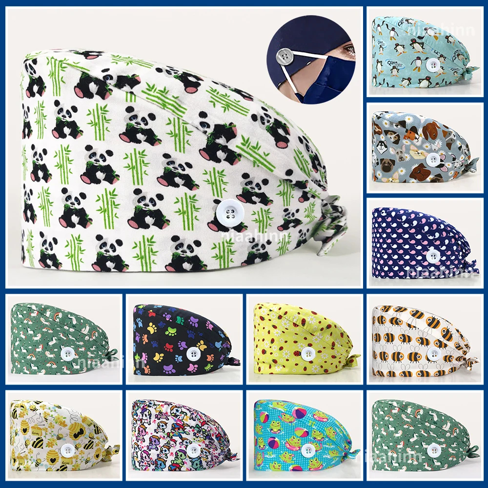 

Women's Pure Cotton Scrubs Caps with Sweat-absorbent Elastic Pet Grooming Nursing Work Hats Lab Animal Print Scrub Hat Wholesale