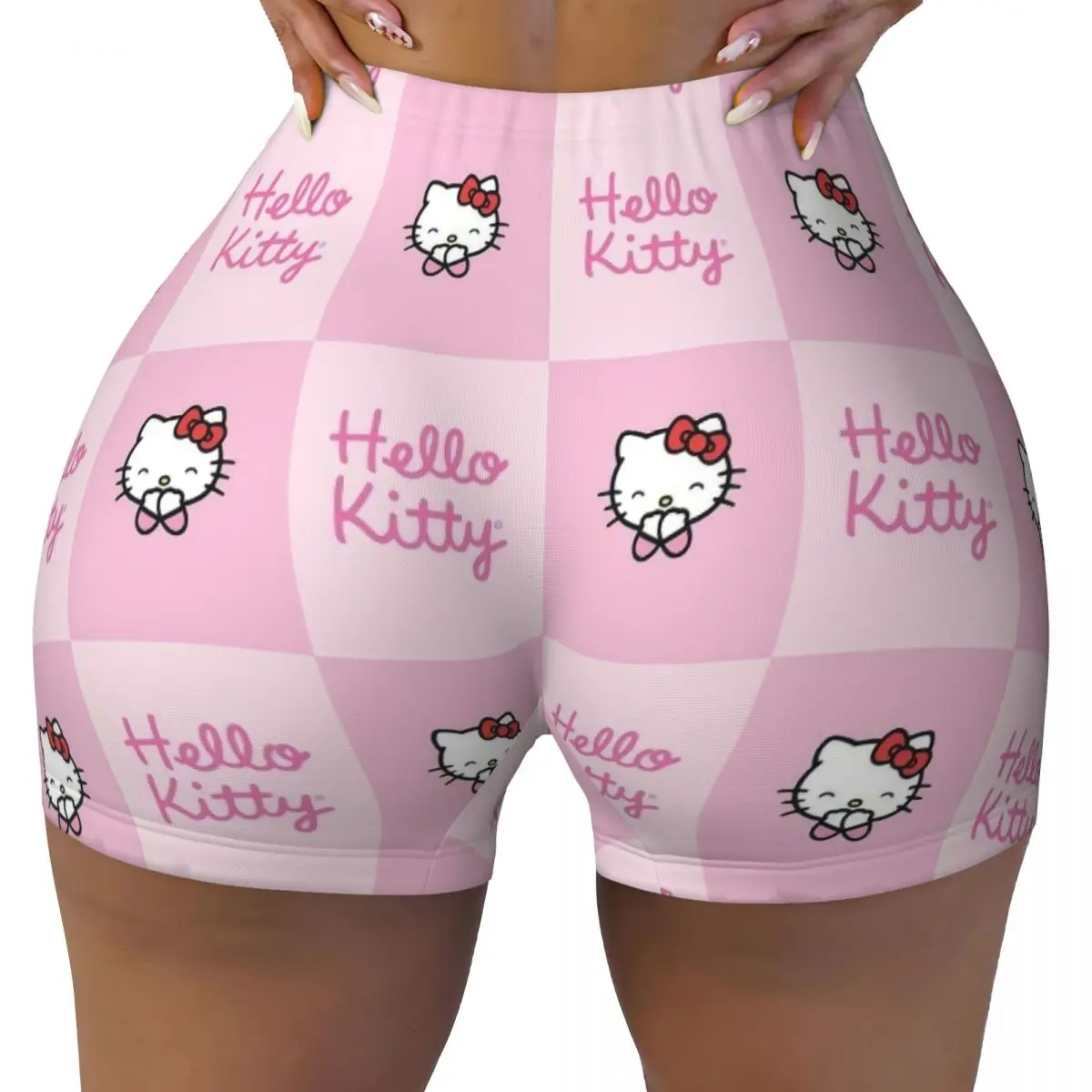 Женские шорты для йоги тренировок розовые с высокой талией и коллажем Hello Kitty
