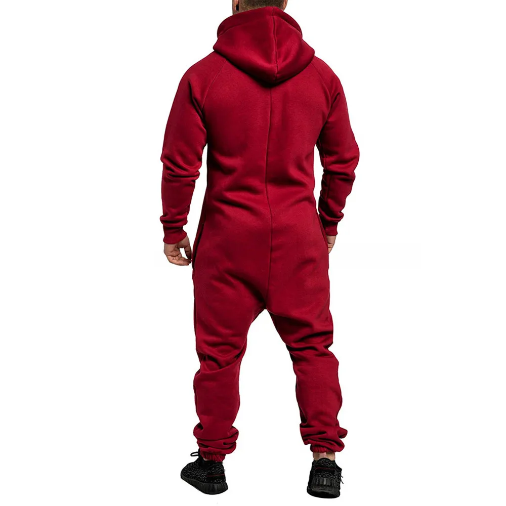 Men Jumpsuits New Autumn Winter Men's Hooded Fleece Jumpsuit Solid Color Matching Casual Suit Men Zipper Pocket Mens Clothes