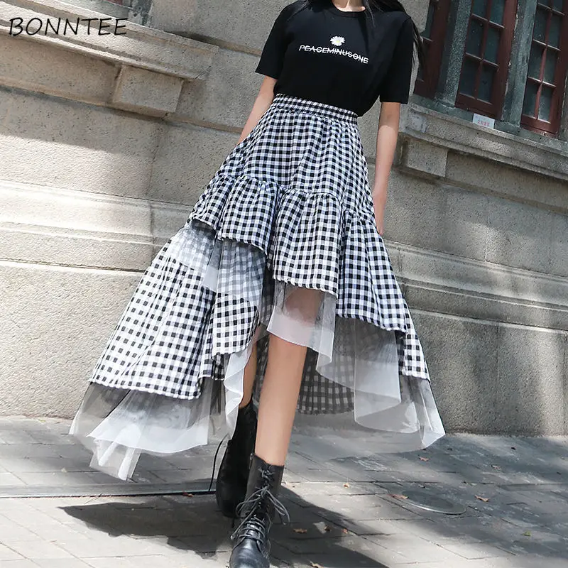 

Skirts Women Asymmetrical Design Elegant Fashion Summer Cozy High Waist Harajuku Plaid Lady Simple Irregular Vintage Streetwear