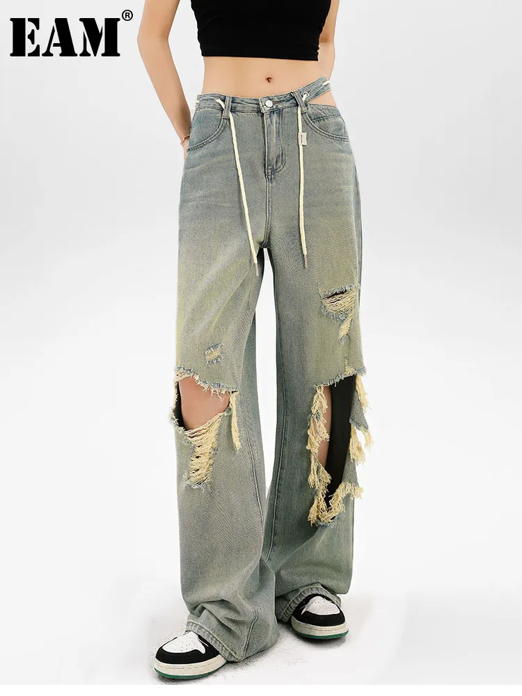 

[EAM] Women Light Blue Denim Lace-up Holes Wide Leg Jeans High Waist New Trousers Vintage Fashion Spring Autumn 2023 1DF9146