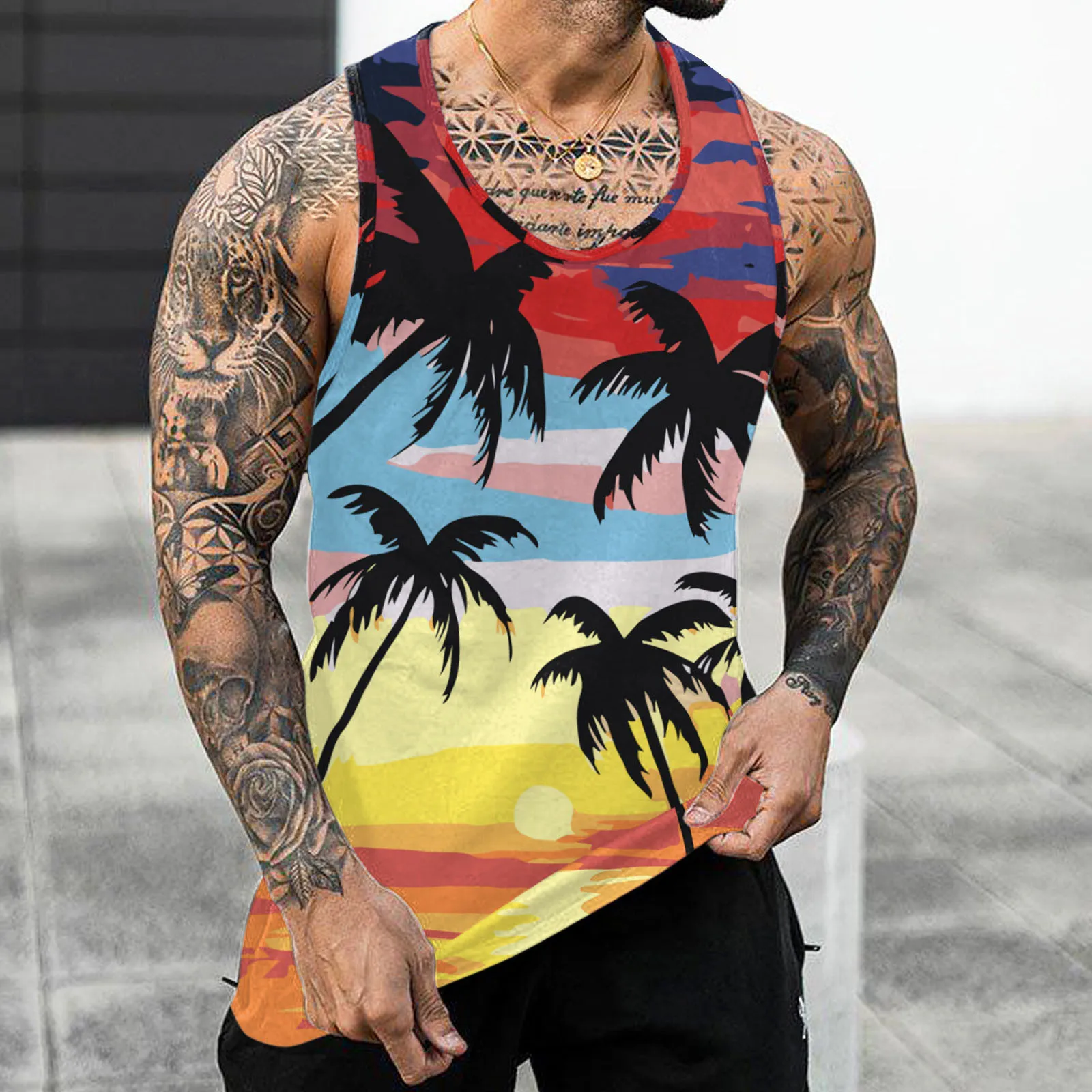 Palm Tree Sunset Printed Tank Tops Men's Vest Beach Sleeveless Tee Summer Casual Fitness Hawaii Shirt Bodybuilding Gym Clothing