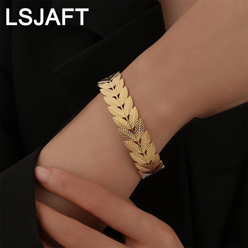

Ins Fashion Gold Plated Multi Layered Leaf Open Bangle Adjustable Women Retro C Shaped Bracelet Jewelry Christmas Gift Party