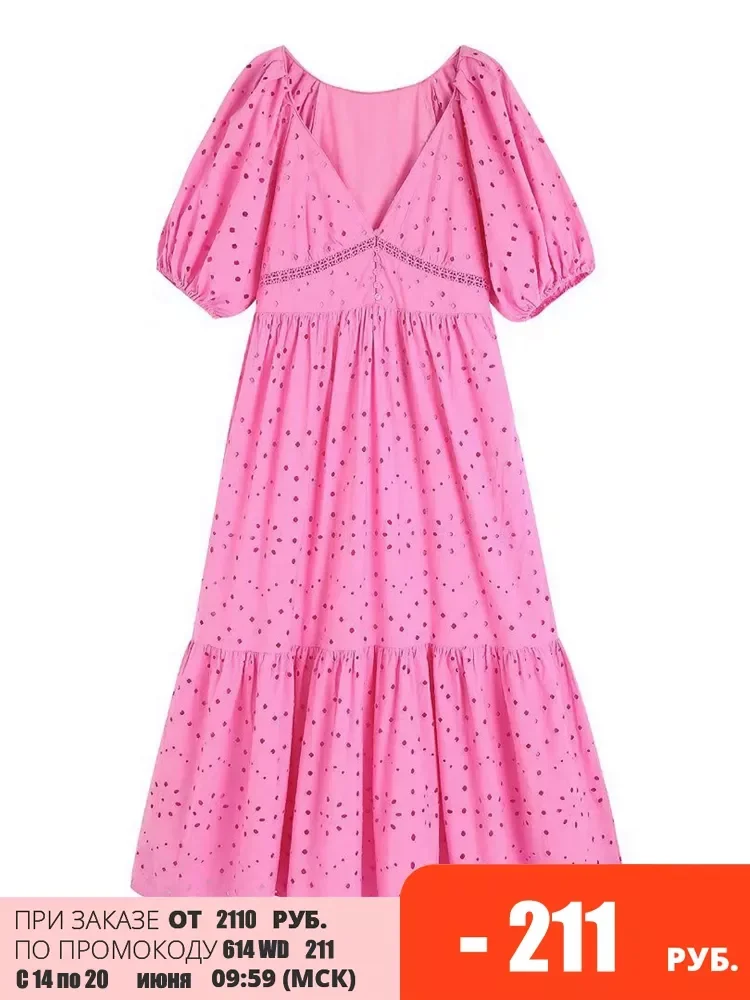

Tangada Women Fashion Front Buttons Pink Embroidery Long Dress Vintage V Neck Puff Sleeves Female Dresses Vestidos BE504