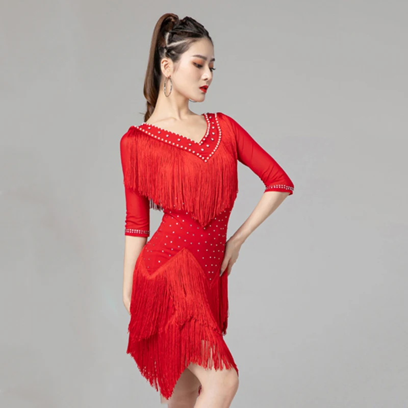 

V neck One Piece Dress Women Dance Clothes Competition Ballroom Dress Samba Costume Stretchy Fringes Latin Dress with Pearls