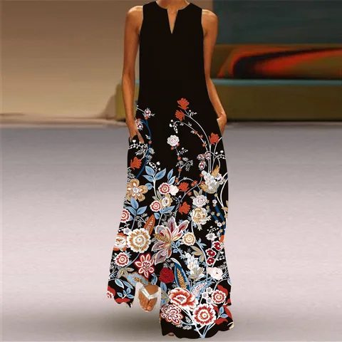 Movokaka Ladies Summer Long Dress Women Black Sleeveless V-neck Loose Elegant Dresses Casual Floral Print Vintage Women's Dress