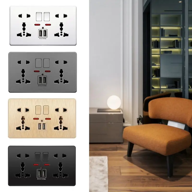 

Multifunction UK 13A Wall Socket Push Button 2.1A Double USB Charging Ports Three-hole Two-hole Home Wall Outlet Button Y5GB