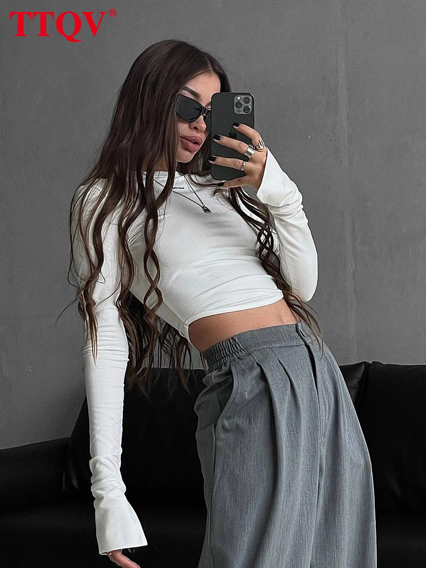 

Повседневные белые облегающие Женские футболки TTQV 2023, модные простые укороченные топы с длинным рукавом, элегантные однотонные футболки с ...