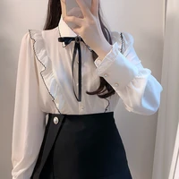 ruffles cute bow tie tops womens preppy style vintage japanese korea design button elegant formal white shirts blouses 95a