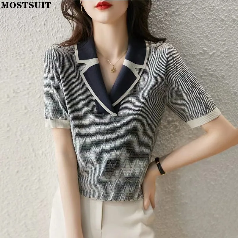 

Женский трикотажный пуловер с коротким рукавом, Элегантная трикотажная футболка с V-образным вырезом в Корейском стиле, модель 2022 на лето