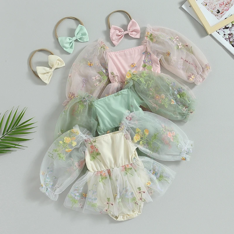 

Осенние комбинезоны для новорожденных девочек, повязка на голову, одежда, сетчатый комбинезон принцессы с открытыми плечами и длинным рукавом, комбинезоны с цветочной вышивкой, юбки