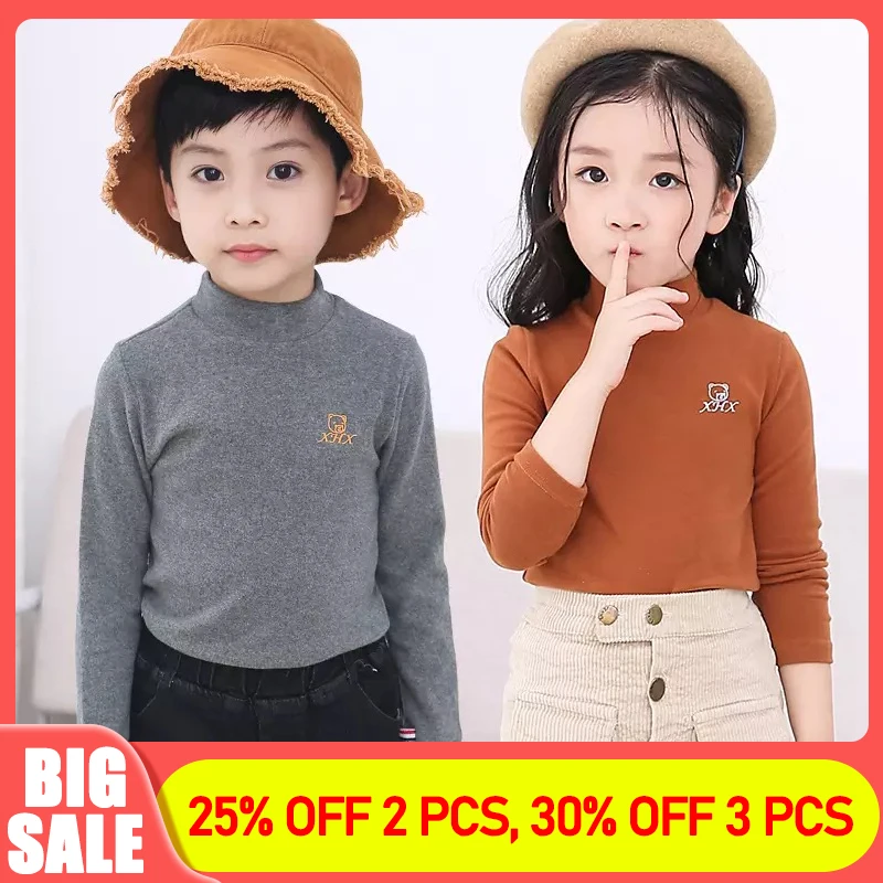 

Осенне-зимнее однотонное нижнее белье для мальчиков и девочек, домашняя детская рубашка, Топ с длинным рукавом и полувысоким воротником, фу...