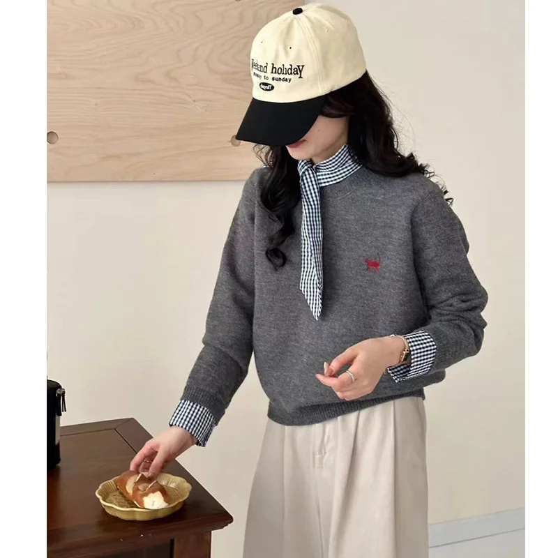 Осенние новые модные поддельные свитера из двух предметов с рукавами-рубашками