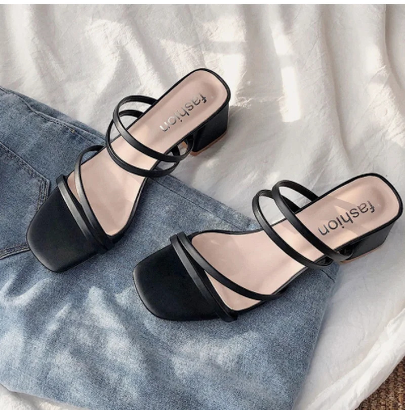 

Women Sandals Ladies Square Heels Elegant Summer Slippers Outside Cross Tied Leather Female Slides 2022 Fashion Woman Sandals