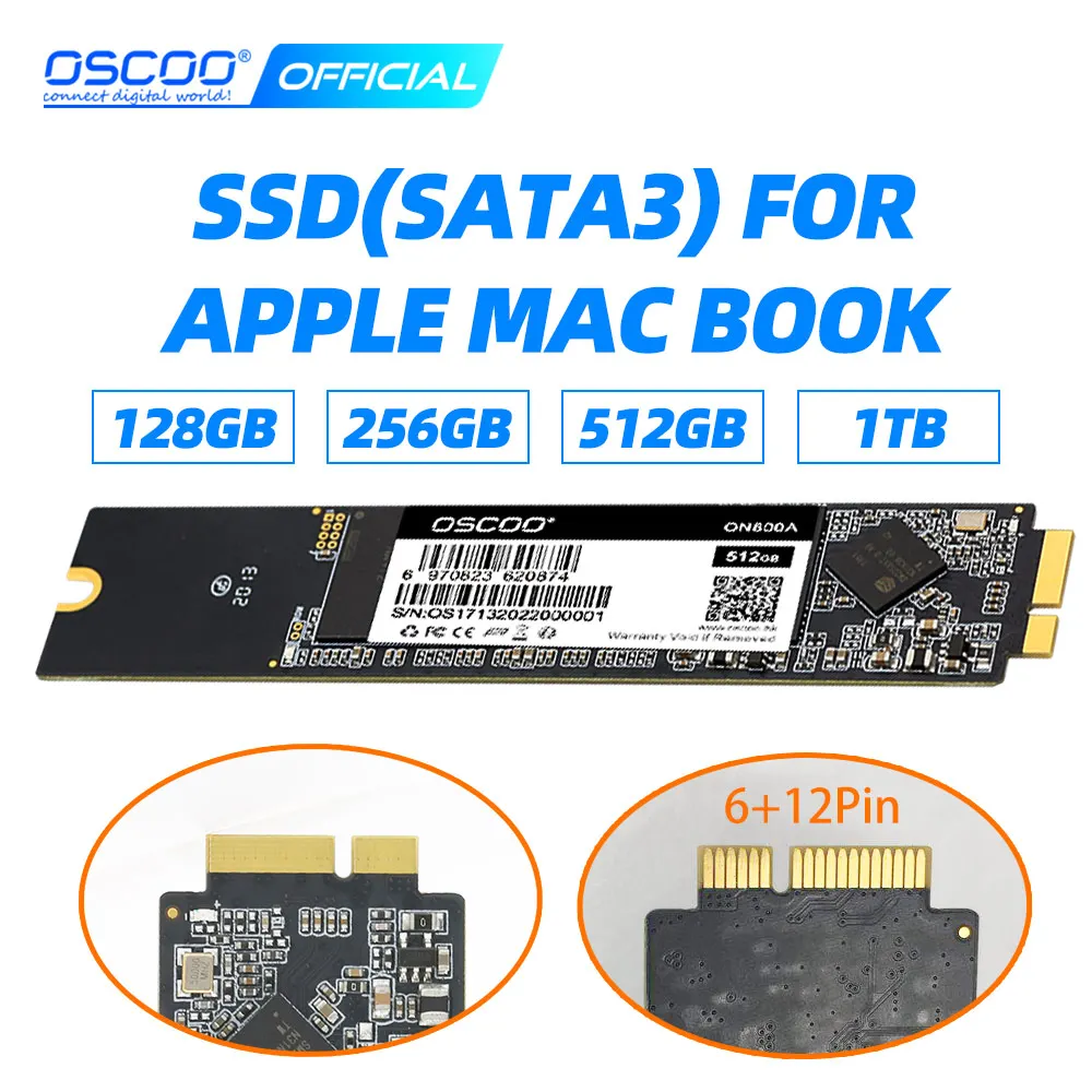 

OSCOO SSD 256GB 512GB 1TB 3D TLC Nand Flash SATA3 For 2010 2011 Apple Macbook Air A1370 A1369