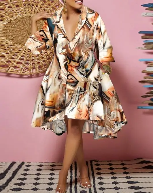 Robe Summer Dresses for Women 2023 Fashion Retro Printed Tie Dyed Long Sleeve Casual Loose Mini Dress Female Vestidos Clothes