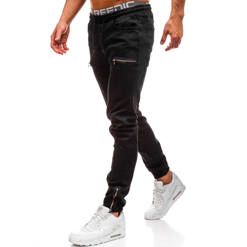 New Men's Jeans Scrub Zipper Lace Up Stretch Men's Jeans Black Denim Casual Sports Pencil Pants Fashion Slim Straight Pants