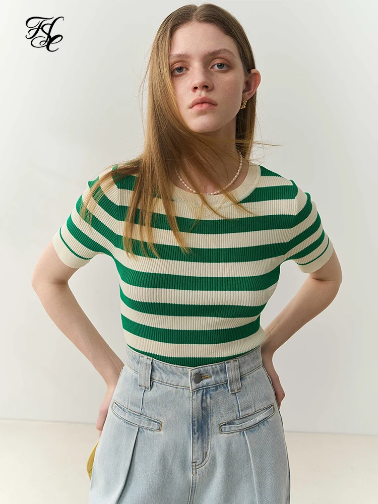

FSLE Temperament Slim Thin Green Striped Sweater 2022 Summer New Pullover O-Neck Women Tops Casual Short Slevee Women Tops
